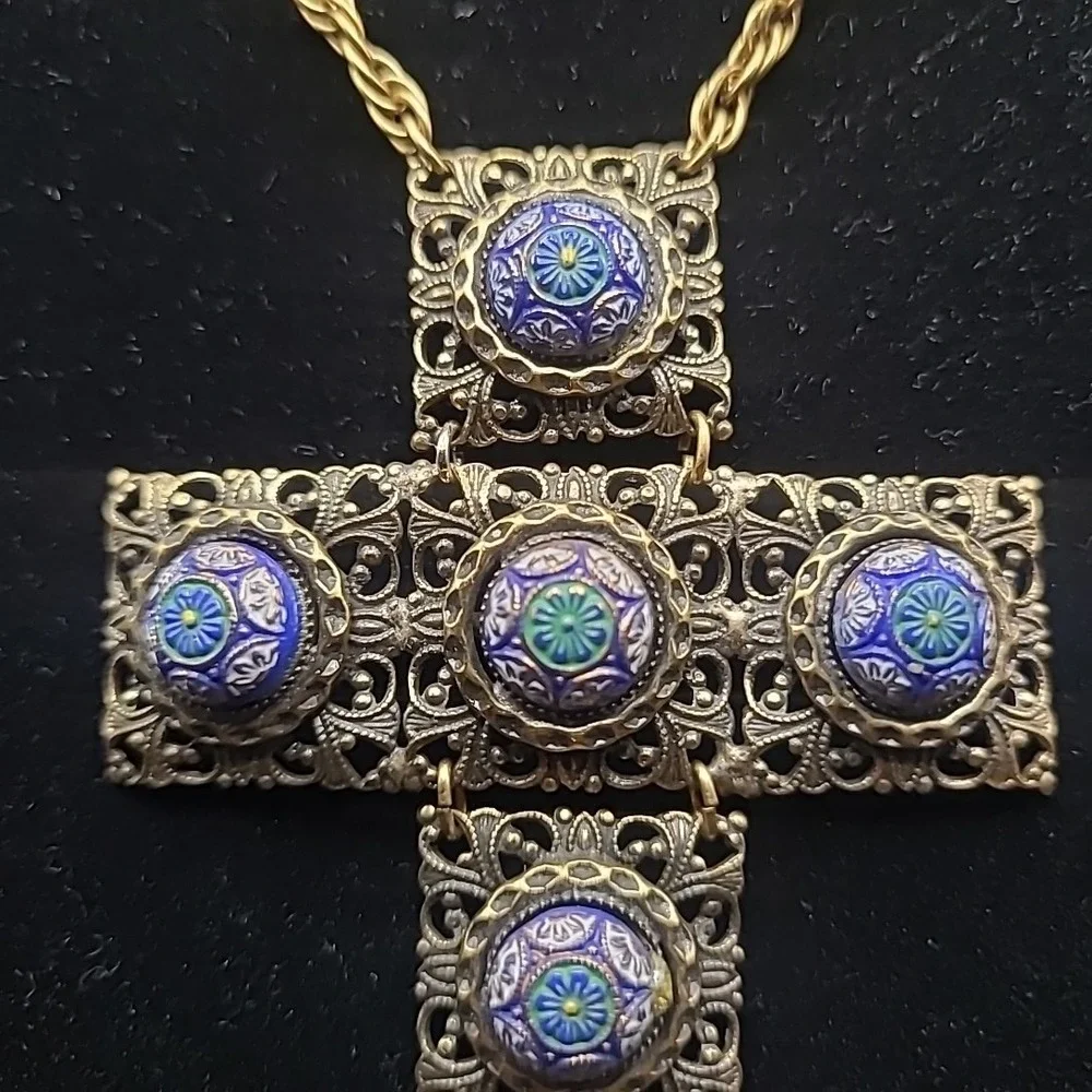 Vintage Hobe Necklace Gold Tone Filigree Enamel Articulated Large Cross RARE